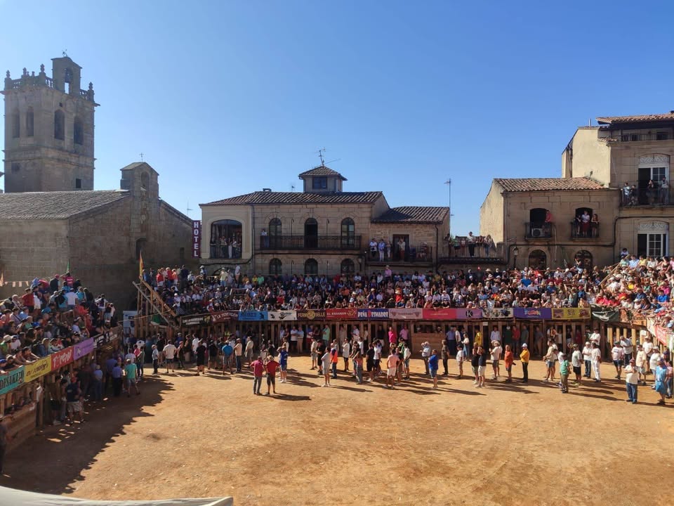 Plaza de toros portátil llena de gente durante el concurso de cortes en Fermoselle