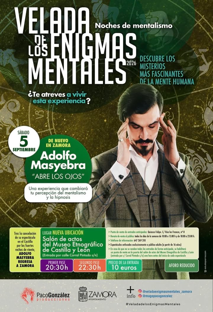 Cartel del espectáculo de mentalismo de Adolfo Masyebra en Zamora