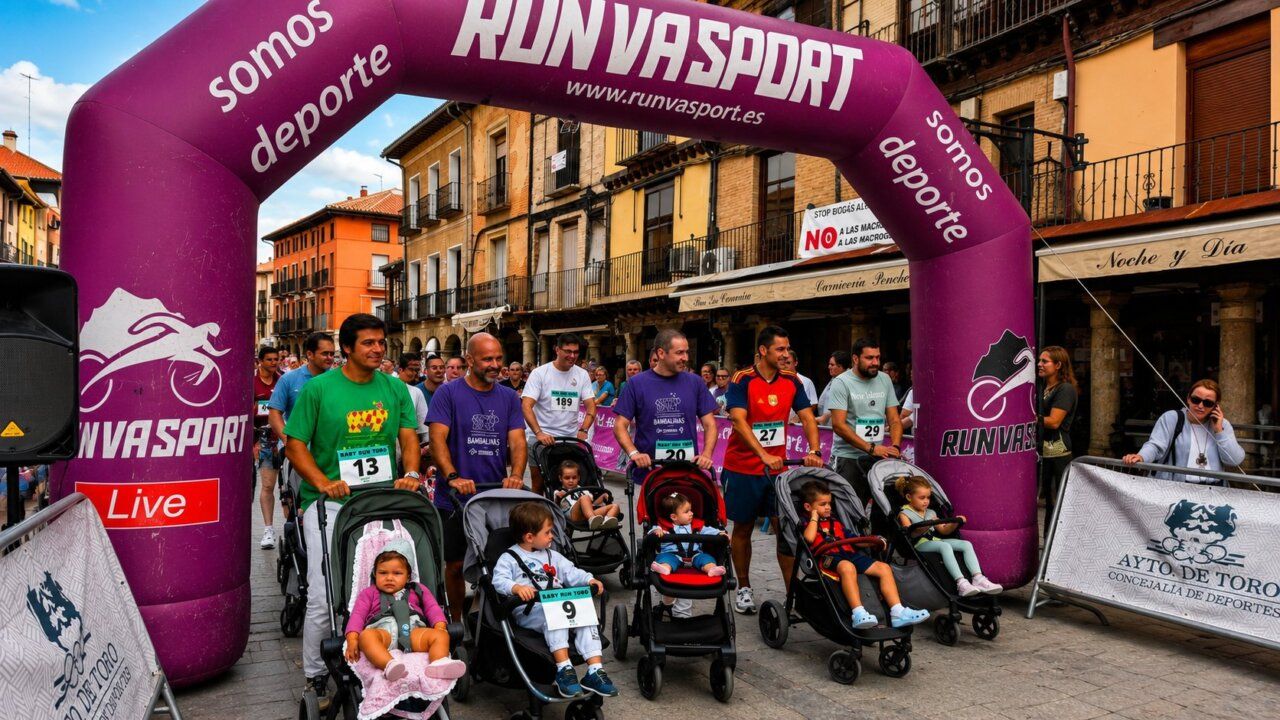 Familias participando en la Baby Run en la Plaza Mayor de Toro