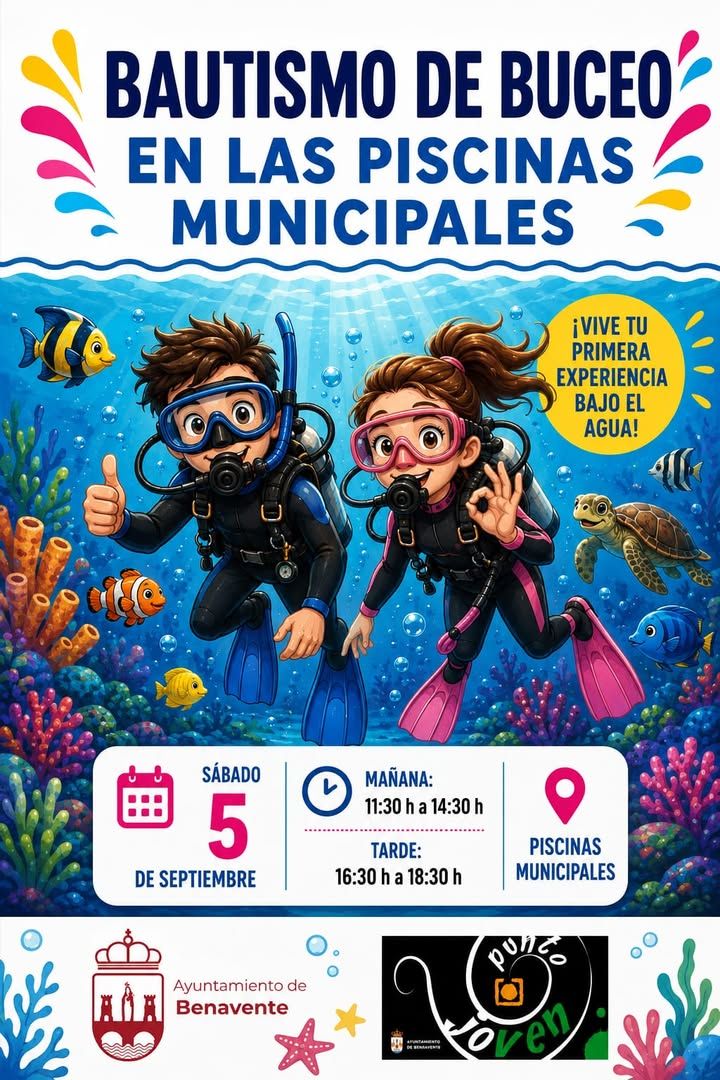 Cartel del bautismo de buceo en las piscinas municipales de Benavente