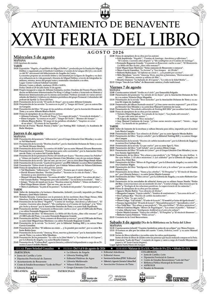 Cartel de la XXVII Feria del Libro en Benavente con actividades culturales