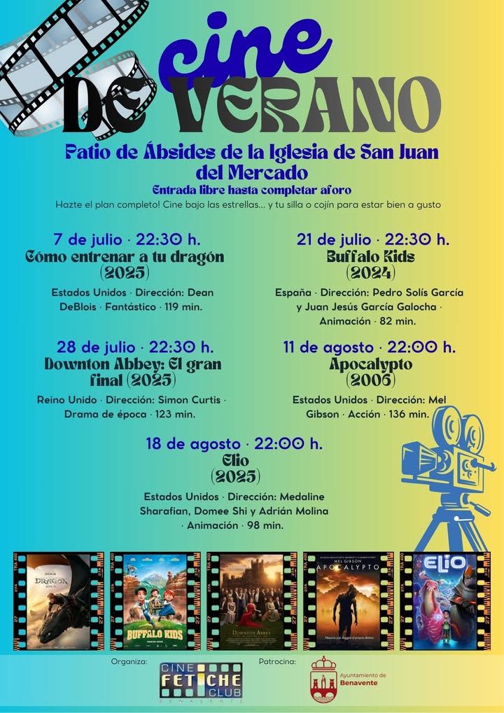 Cartel de cine de verano con proyección de Elio en Benavente