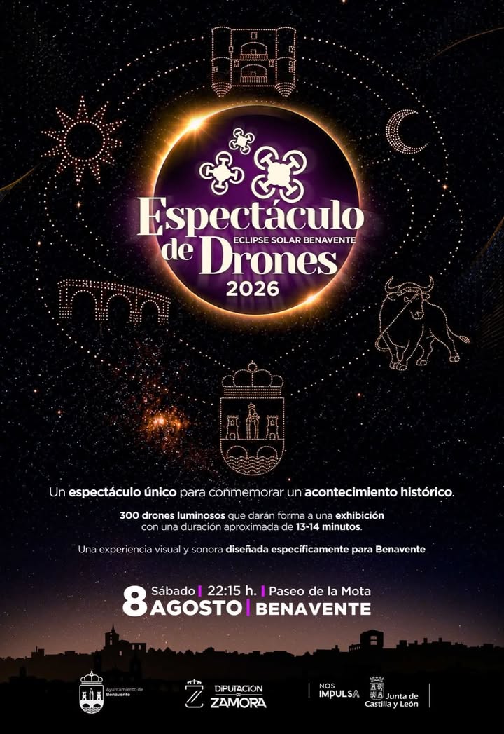 Cartel del espectáculo de drones en Benavente con detalles del evento.