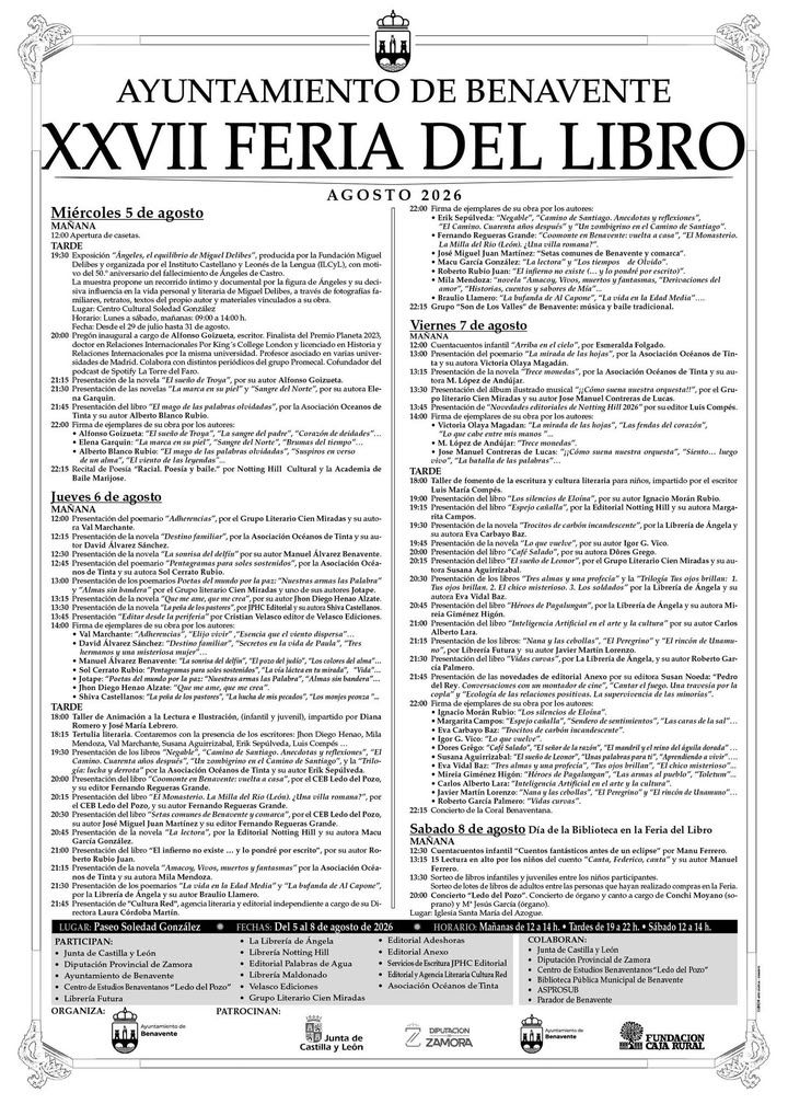 Cartel de la XXVII Feria del Libro de Benavente 2026 con actividades y horarios