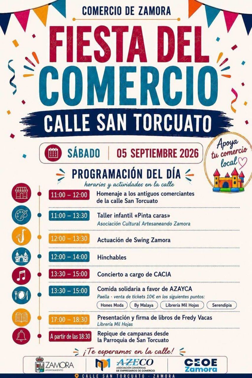 Cartel de la Fiesta del Comercio en San Torcuato con actividades programadas.