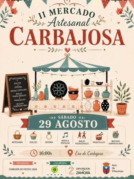 Cartel del II Mercado Artesanal en Carbajosa con detalles de artesanía y festividades