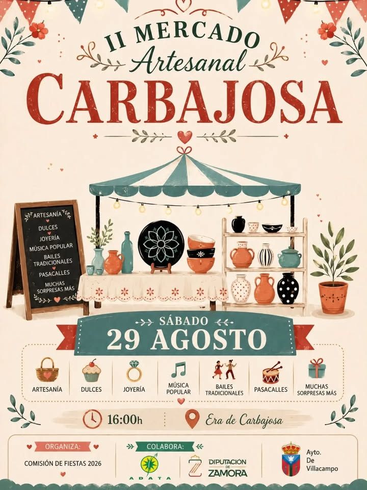 Cartel del II Mercado Artesanal en Carbajosa con detalles de artesanía y festividades