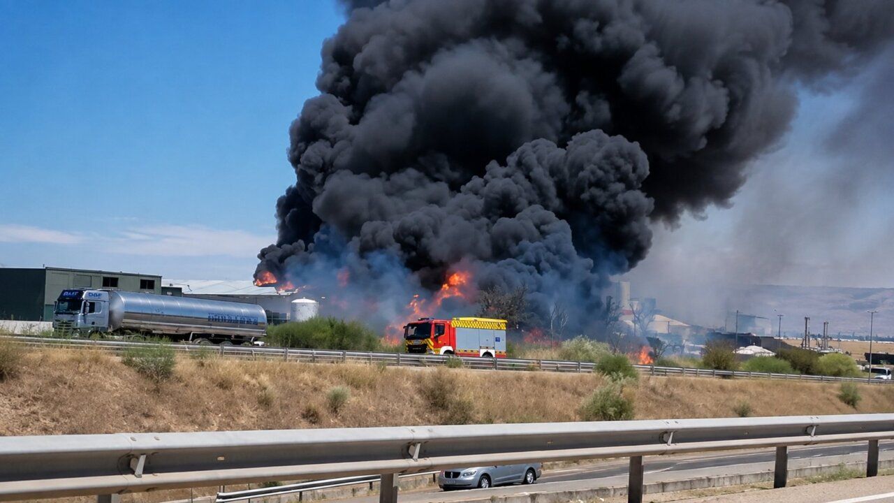 Incendio en la planta de tratamiento de residuos Zaresa con humo negro y llamas visibles