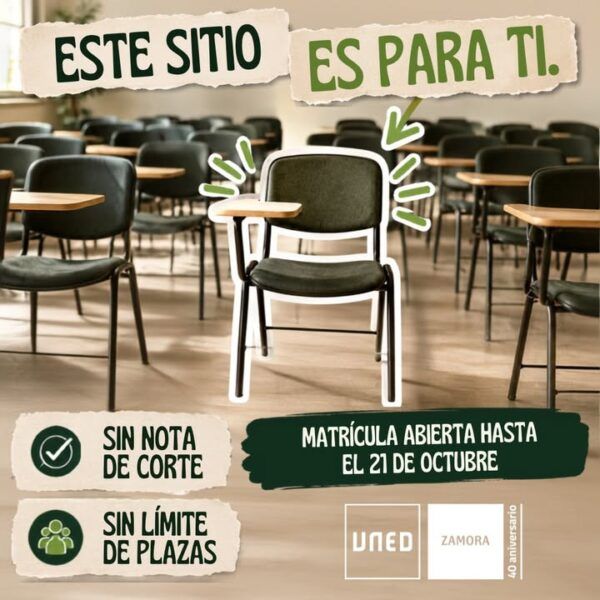 Cartel informativo sobre matrícula en UNED Zamora sin nota de corte