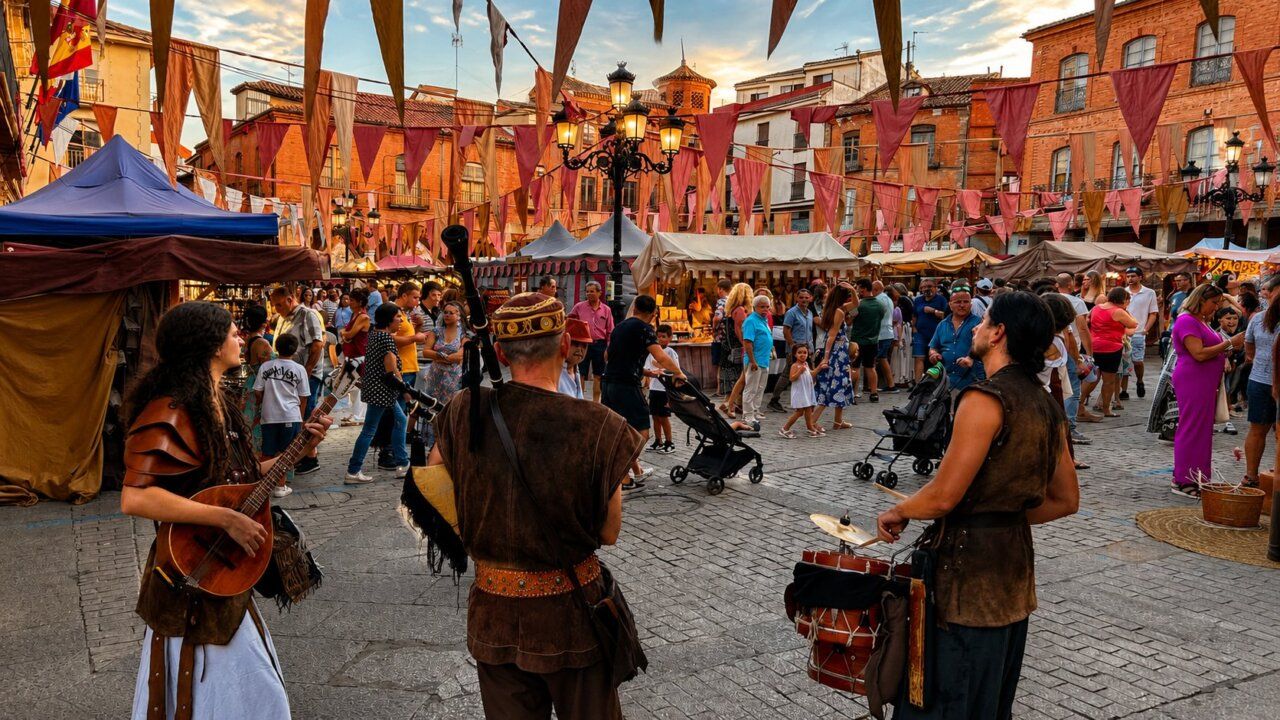 Artistas en el Mercado Medieval de Benavente durante un espectáculo de fuego