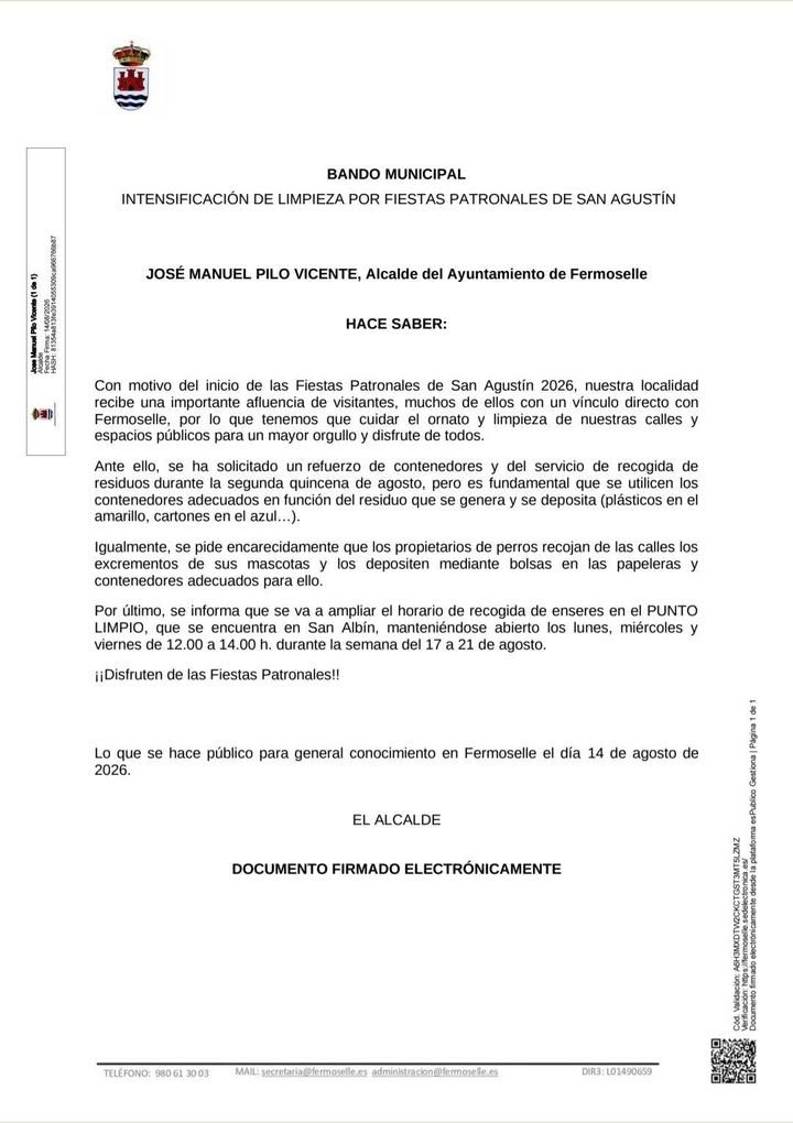 Bando municipal sobre limpieza y recogida de residuos en Fermoselle
