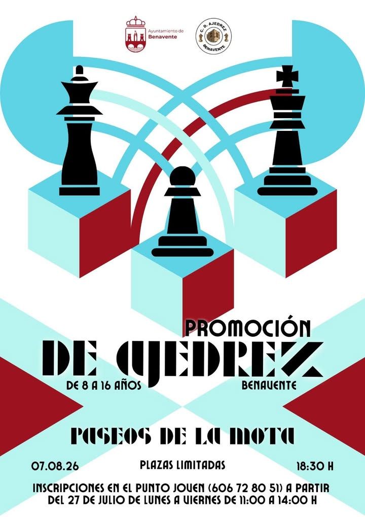 Cartel promocional de partidas simultáneas de ajedrez para jóvenes en Benavente