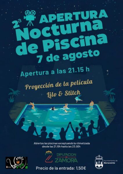 Cartel de proyección nocturna de Lilo y Stitch en piscina