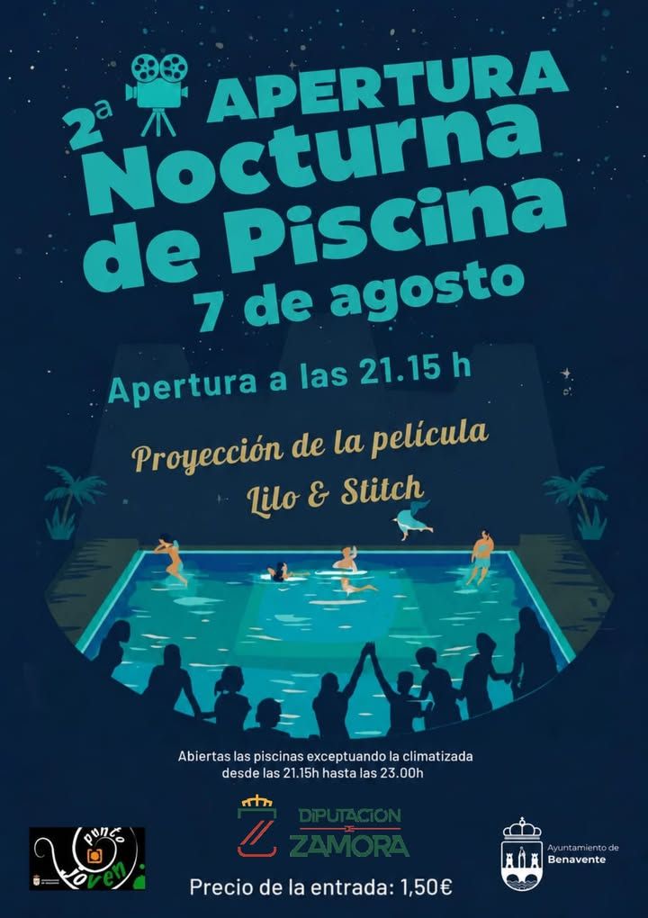 Cartel de proyección nocturna de Lilo y Stitch en piscina