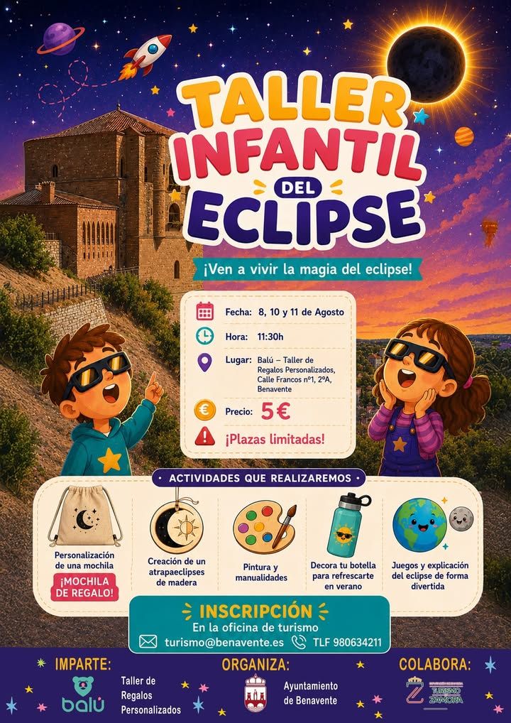 Cartel del taller infantil del eclipse en Benavente con actividades y fechas.