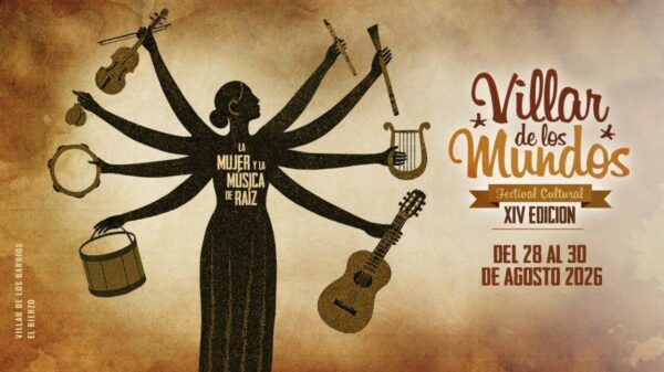 Cartel del festival Villar de los Mundos con temática musical y cultural