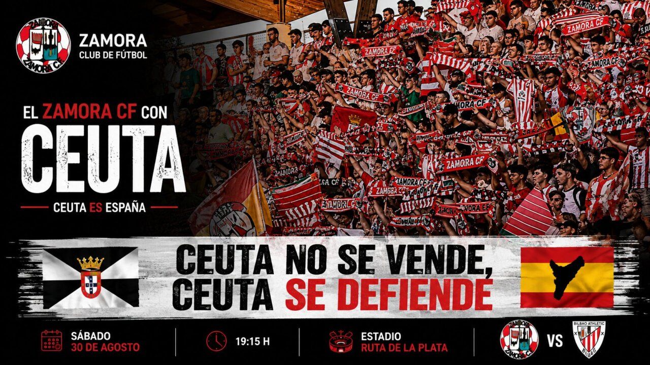 Aficionados del Zamora CF apoyando a Ceuta con pancartas y bufandas