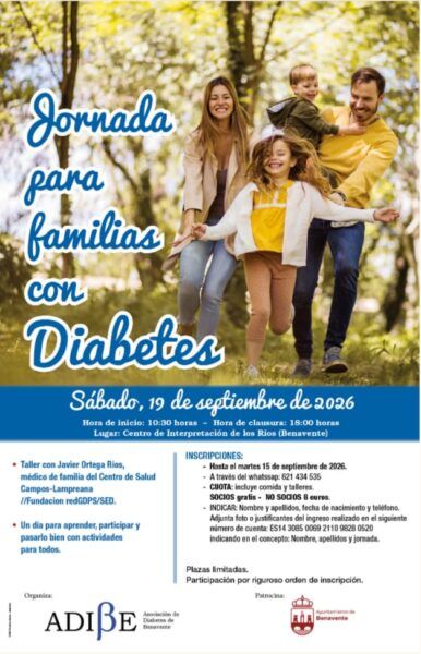 Familias disfrutando de una jornada informativa sobre diabetes en un entorno natural.