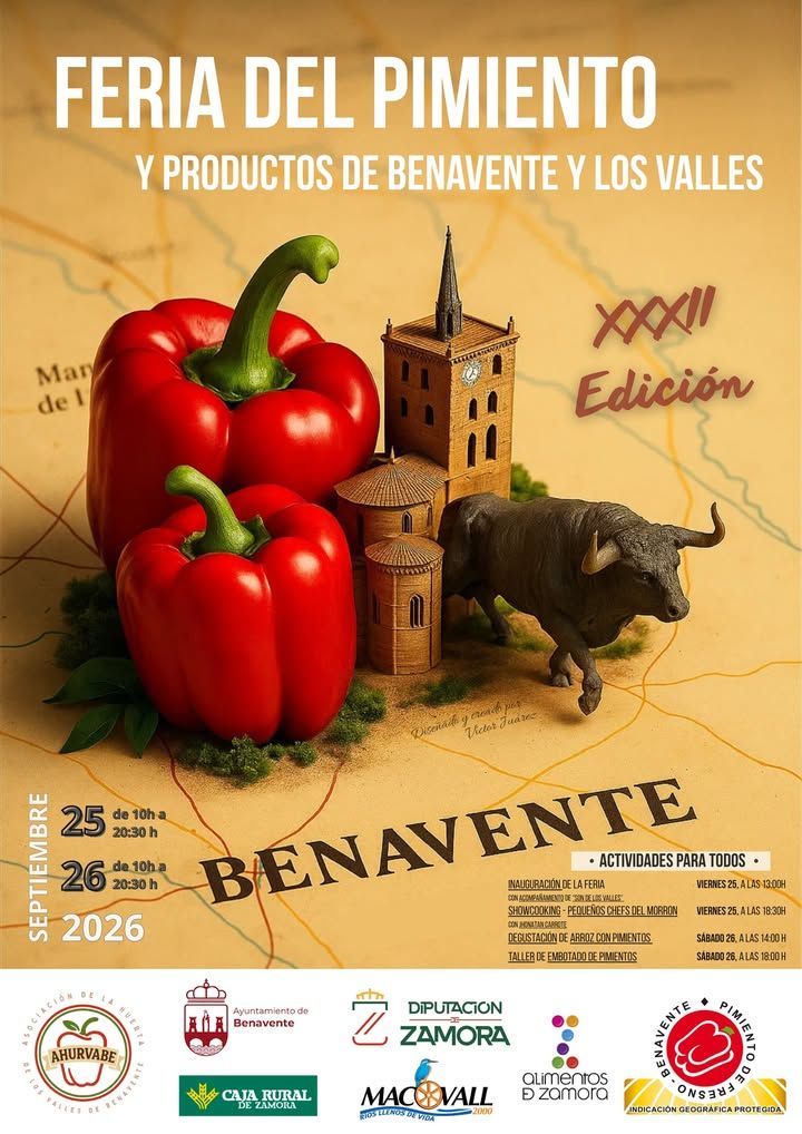 Cartel de la XXXII Feria del Pimiento en Benavente con pimientos y monumentos
