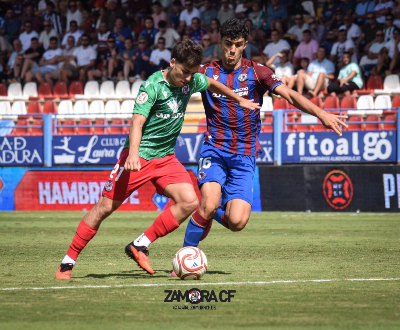 Jugadores del Zamora CF en un partido de fútbol en Almendralejo