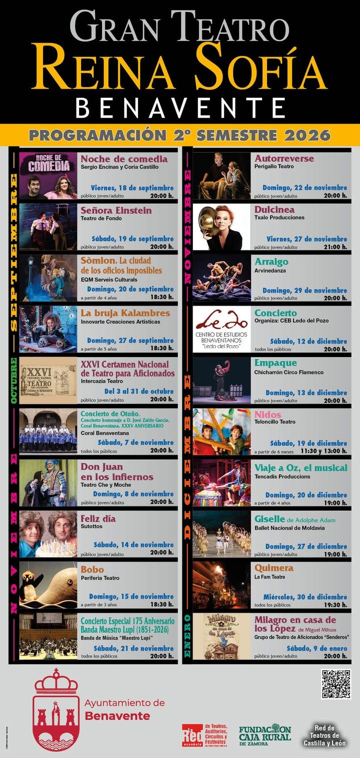 Cartel de programación del Teatro Reina Sofía en Benavente para el segundo semestre de 2026