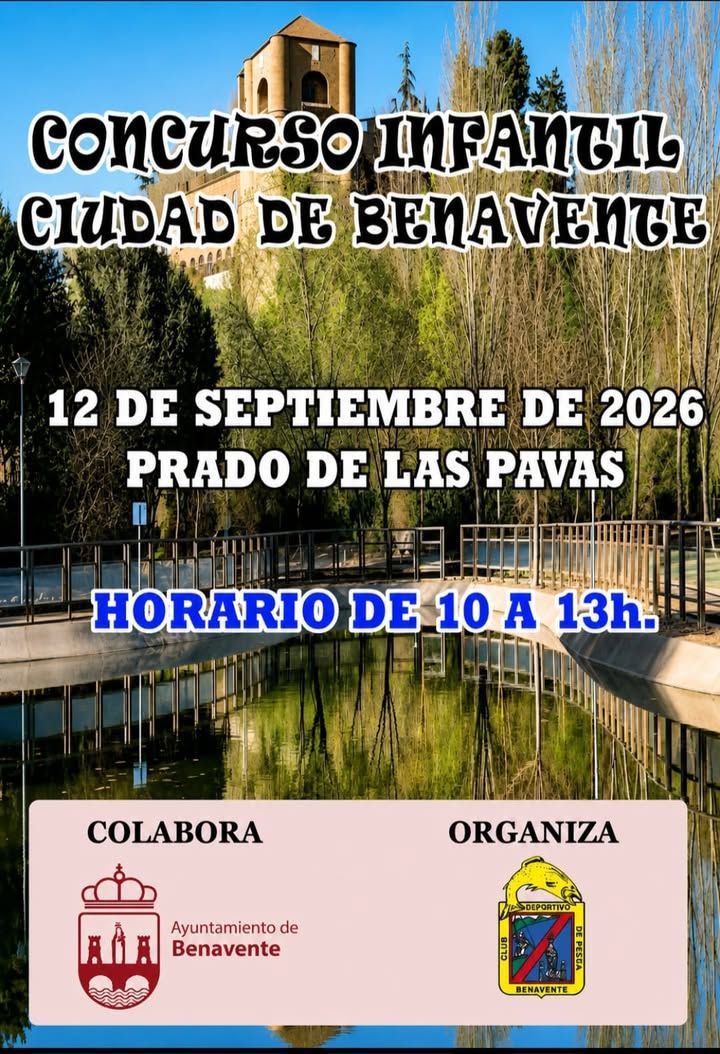 Cartel del concurso de pesca infantil en Benavente, mostrando detalles del evento.
