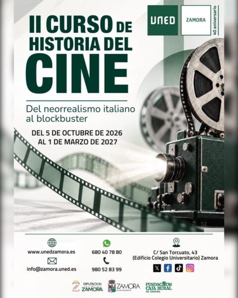 Cartel del curso de historia del cine en Zamora sobre neorrealismo y blockbuster.