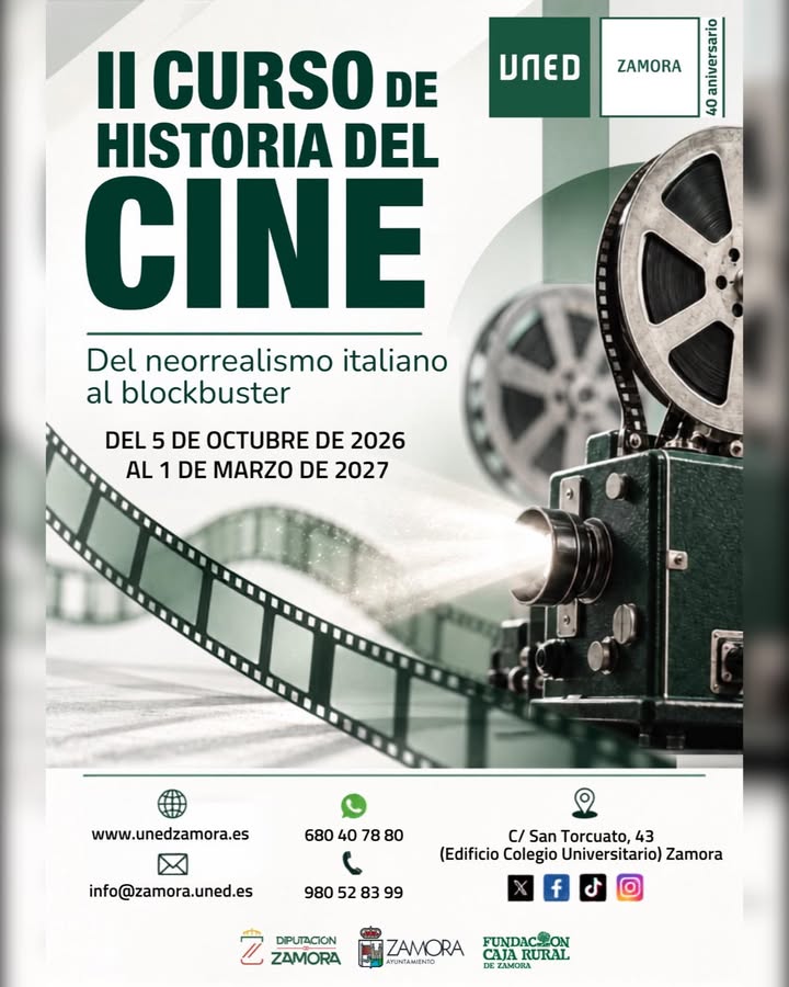 Cartel del curso de historia del cine en Zamora sobre neorrealismo y blockbuster.