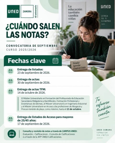 Calendario con fechas clave para notas en la UNED en septiembre de 2026.