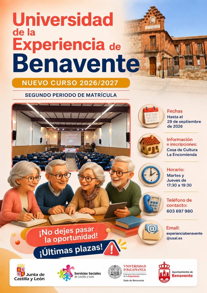 Cartel informativo sobre matrícula abierta en Benavente para el curso 2026/2027