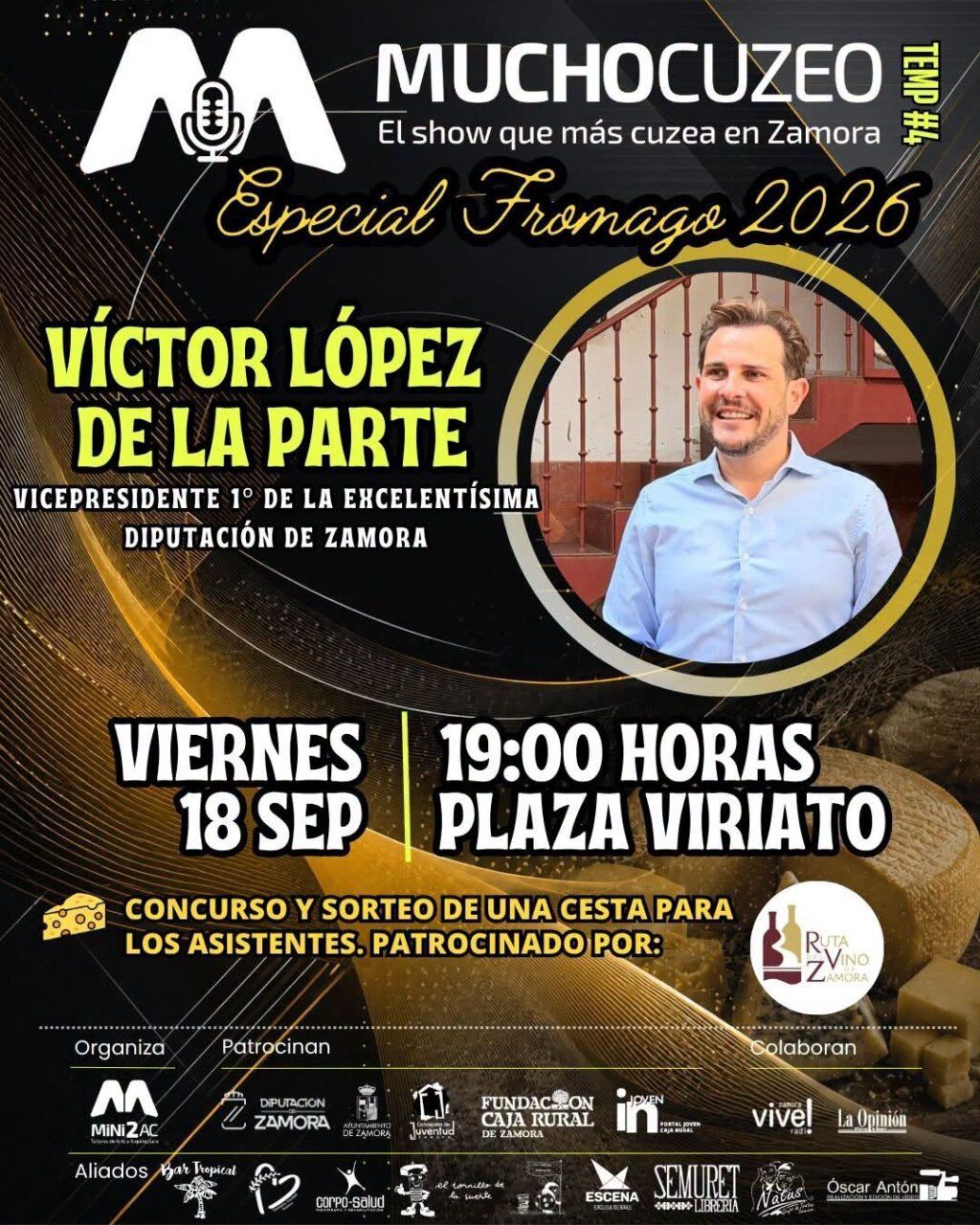 Cartel del podcast Mucho Cuzeo con detalles del evento en Zamora