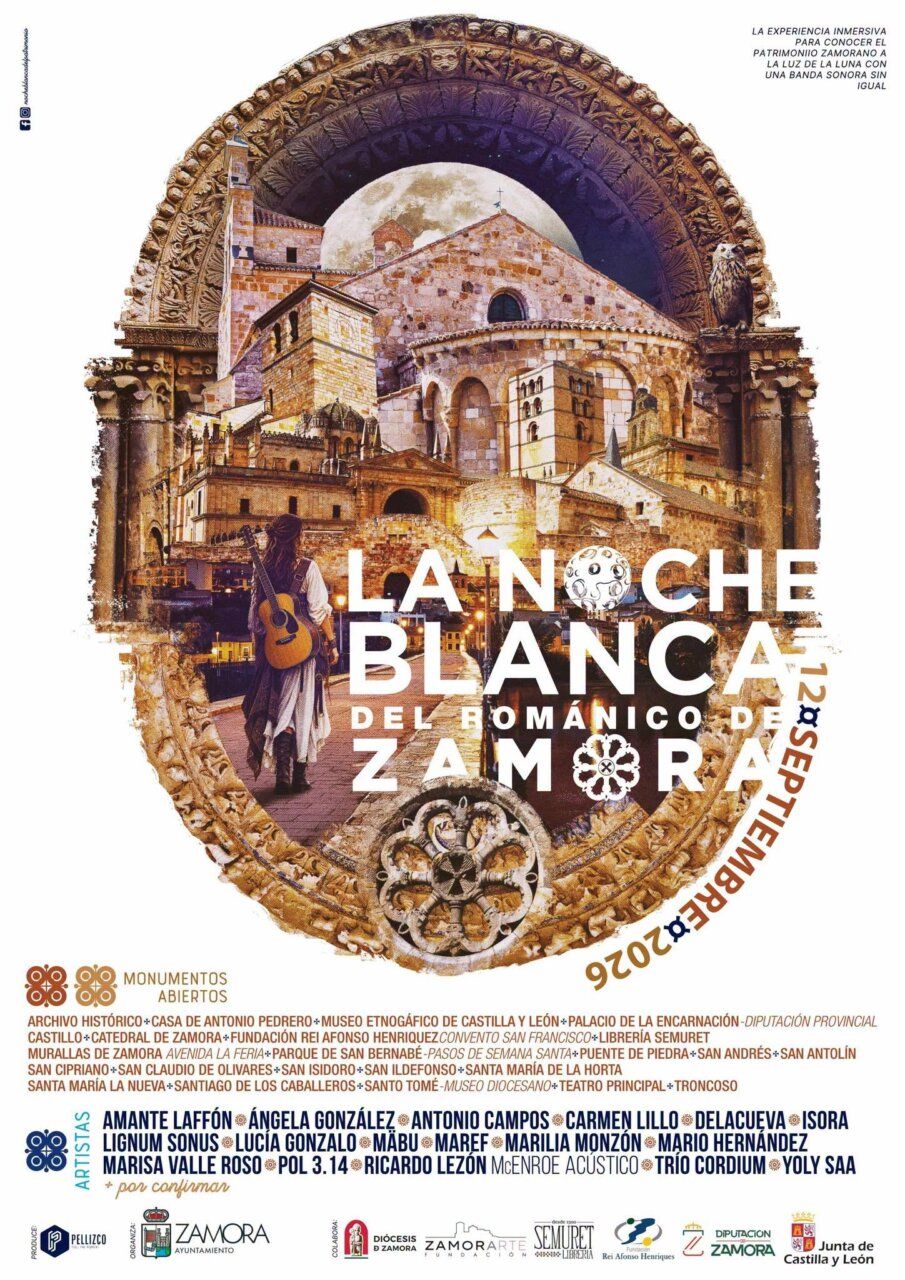 Cartel de la Noche Blanca del Románico en Zamora con monumentos y artistas