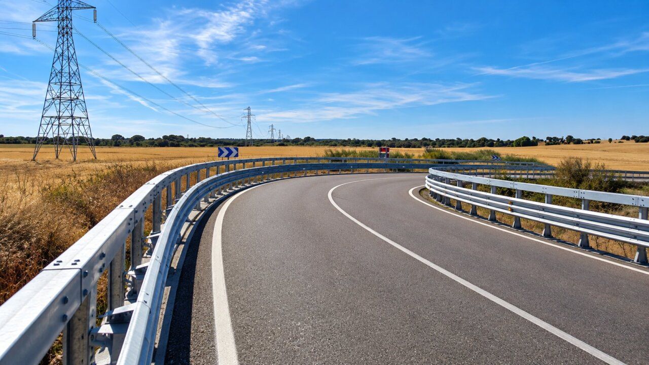 Vista de la carretera con curva y paisaje de campo en La Hiniesta