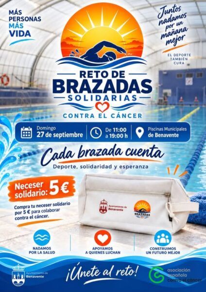 Cartel del reto de brazadas solidarias contra el cáncer en Benavente