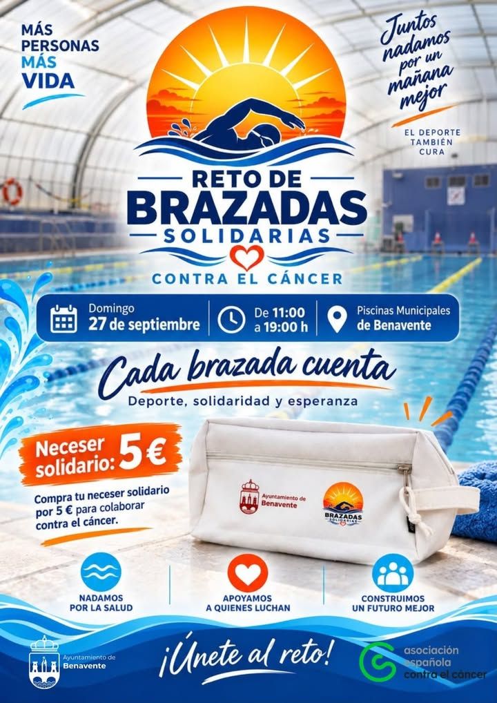 Cartel del reto de brazadas solidarias contra el cáncer en Benavente