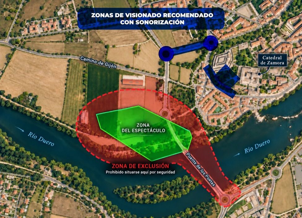 Mapa de zonas recomendadas para ver el espectáculo de drones en Zamora