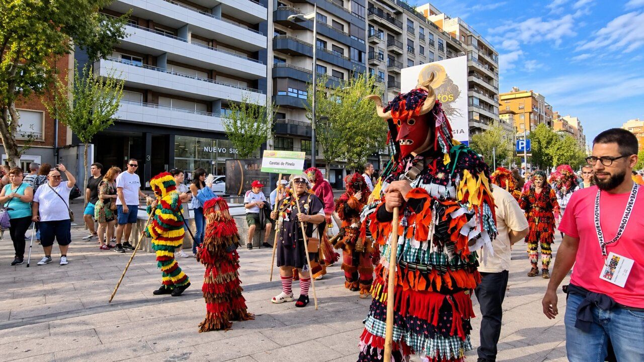 Desfile del XV Festival de la Máscara en Zamora con participantes en trajes coloridos.