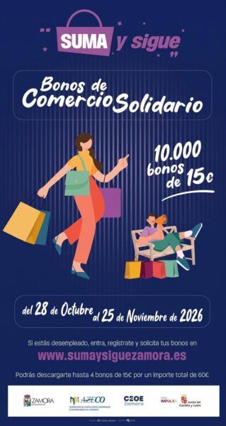 Cartel ilustrado de los Bonos de Comercio Solidario, con personas y bolsas de compras.