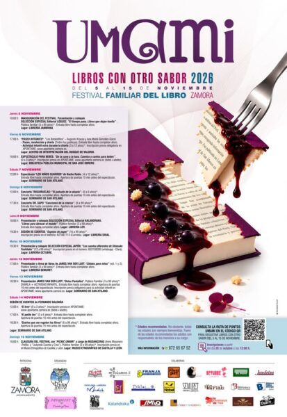 Cartel del Festival Umami 2026 con programación y libros bañados en chocolate