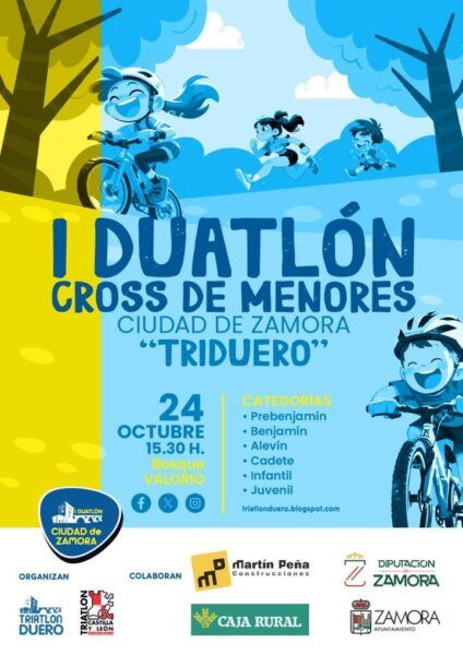 Cartel ilustrado del Duatlón Cross de Menores Ciudad de Zamora, con niños corriendo y en bicicleta.