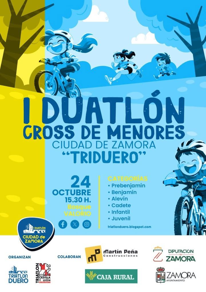 Cartel ilustrado del Duatlón Cross de Menores Ciudad de Zamora, con niños corriendo y en bicicleta.