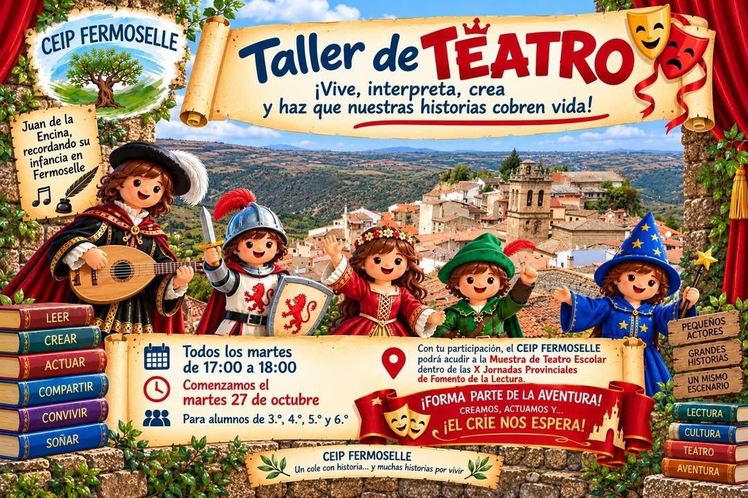 Cartel ilustrado del taller de teatro del CEIP Fermoselle con personajes infantiles y escenario