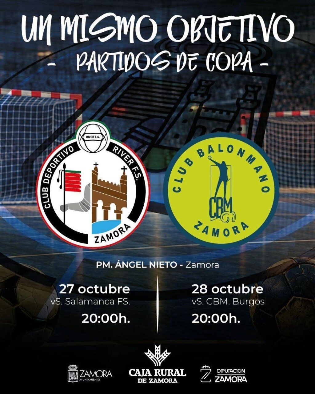Cartel gráfico anuncia dos partidos de copa, con escudos de River FS y Balonmano Zamora.
