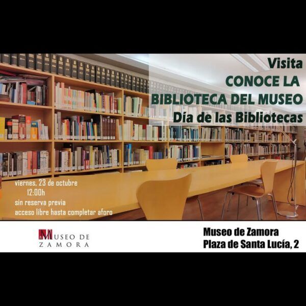 Cartel de visita a la biblioteca del Museo de Zamora, con estanterías y mesas.
