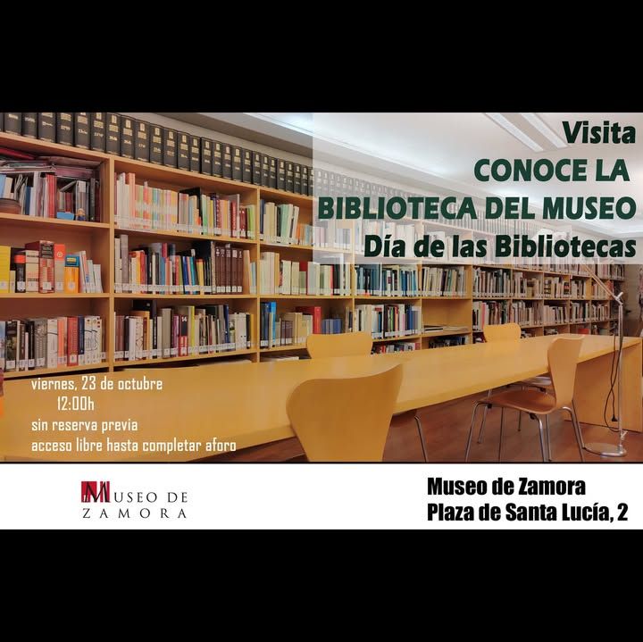 Cartel de visita a la biblioteca del Museo de Zamora, con estanterías y mesas.