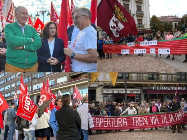 Collage de una concentración con banderas y pancartas que reclaman mejoras ferroviarias