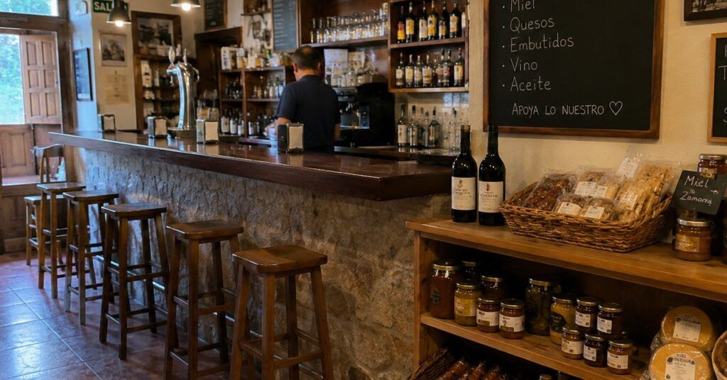 Interior de un bar con barra, taburetes, botellas y productos envasados en estanterías