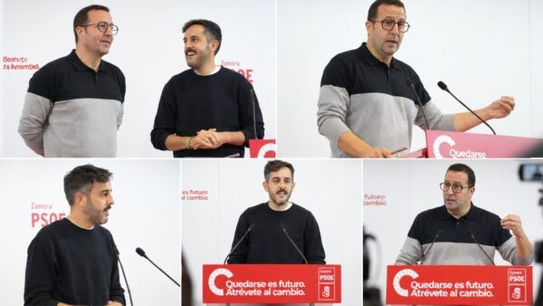 Montaje de cinco fotografías muestra a dos hombres junto a un atril del PSOE en Zamora.