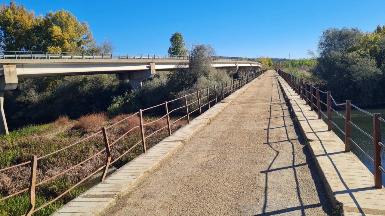Pasarela peatonal junto a un puente de carretera sobre un río arbolado