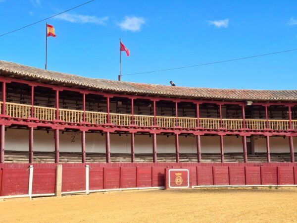 Vista interior de la plaza de toros de Toro, con una persona sobre el tejado.